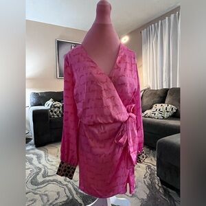 Pink Satin Wrap Dress with Leopard Cuffs